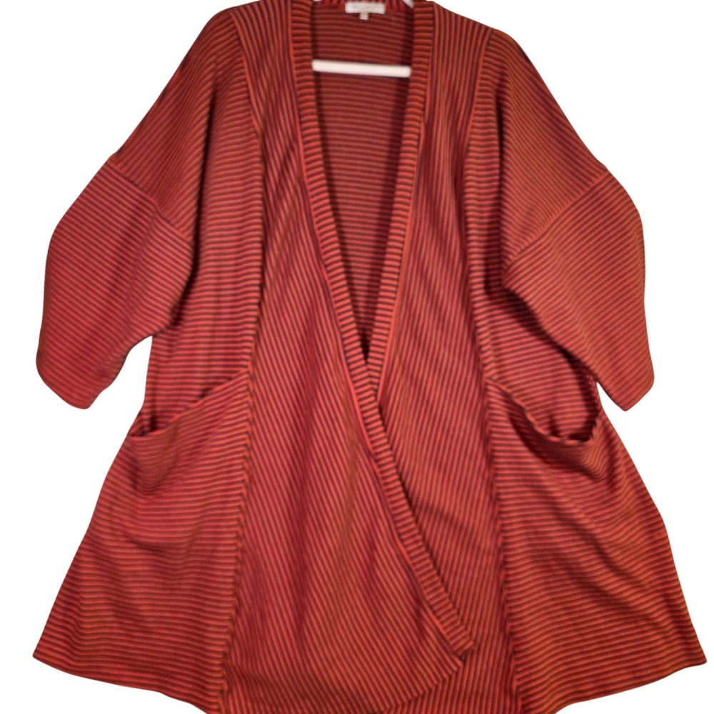 KLEEN Women's M‎ Rust Black Striped Open Front Cardigan Lagenlook Artsy